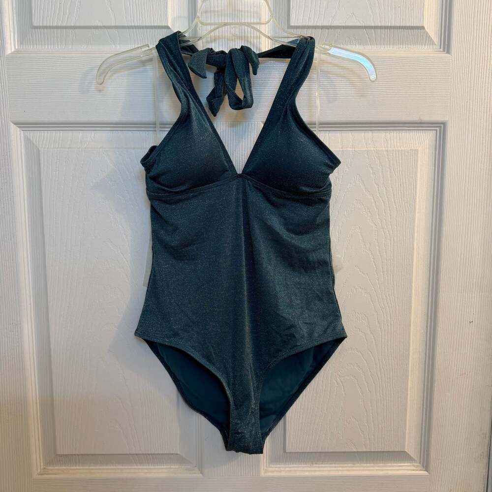 Jones New York Shimmer Teal One-Piece Halter Swimsuit Style #11586 Size Medium
